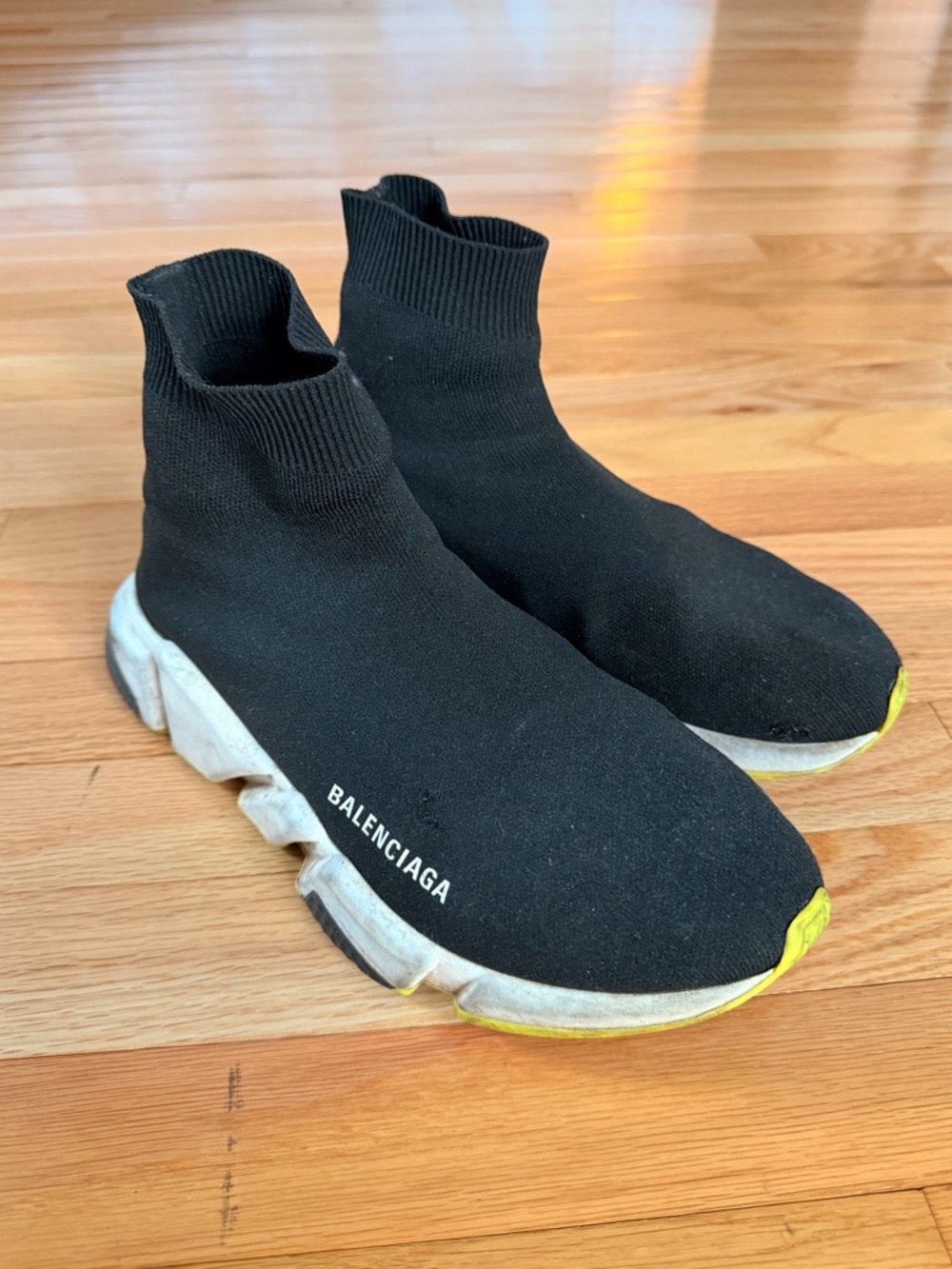 Balenciaga Black Knit Speed Trainer with Yellow Toe Accents - Picture 1 of 5